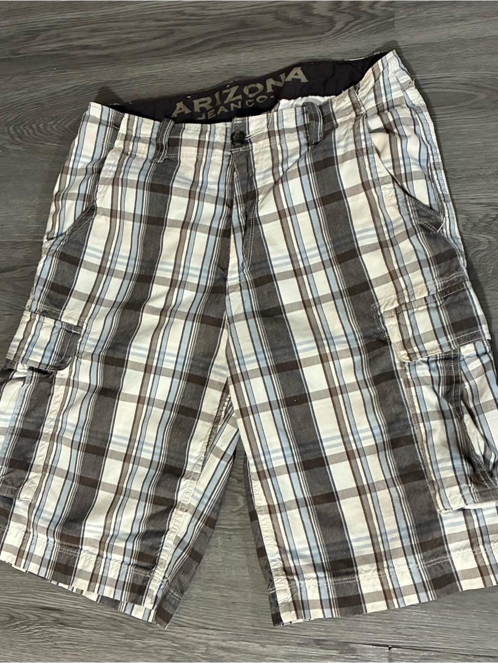 Arizona Jean Company Cargo Shorts Plaid Brown Blue White